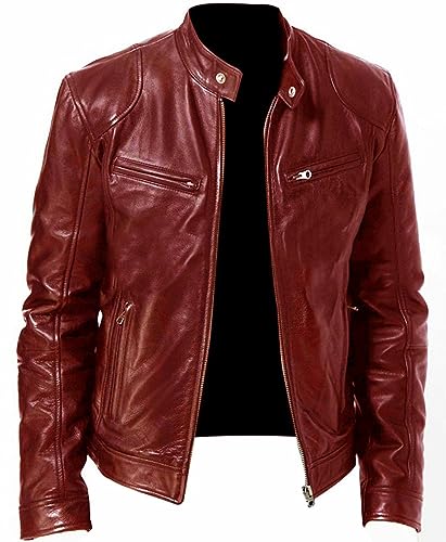 SAWEEZ Herren Lederjacke, Herren Pu Lederjacken, Schlichte Kunstleder Motorradjacke, Vintage Bomberjacke Mit Reißverschluss, Schmale Passform, Punk Windjacke Für Herbst Und Winter, Rot, M von SAWEEZ