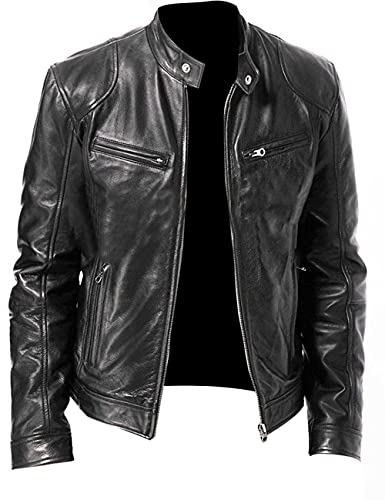 SAWEEZ Leather Jacket Men, Herren Pu Lederjacken, Schlichte Kunstleder Motorradjacke, Vintage Bomberjacke Mit Reißverschluss, Schmale Passform, Punk Windjacke Für Herbst Und Winter, Schwarz, Xs von SAWEEZ