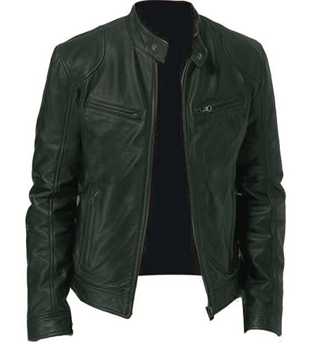 SAWEEZ Lederjacke Herren, Herren Pu Lederjacken, Schlichte Kunstleder Motorradjacke, Vintage Bomberjacke Mit Reißverschluss, Schmale Passform, Punk Windjacke Für Herbst Und Winter, Grün, L von SAWEEZ