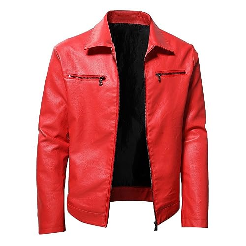 SAWEEZ Ledermantel Herren, Herren Pu Lederjacken Vintage Kunstleder Motorradjacke Slim Fit Bomberjacke Lässige Windjacke Übergangsjacke Für Herbst Winter,Rot,S von SAWEEZ