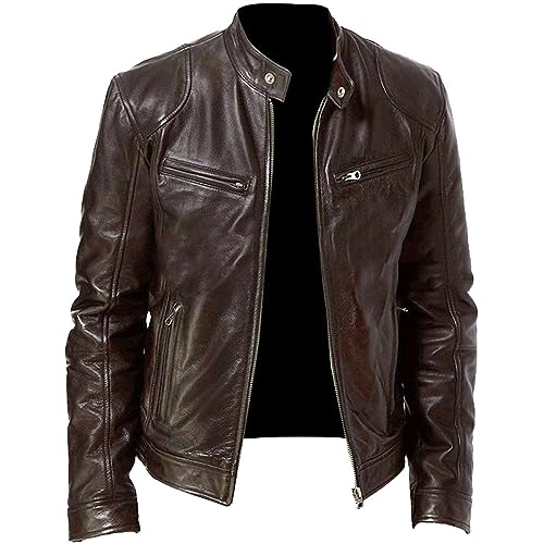 SAWEEZ Motorrad Lederjacke Herren, Herren Pu Lederjacken, Schlichte Kunstleder Motorradjacke, Vintage Bomberjacke Mit Reißverschluss, Schmale Passform, Punk Windjacke Für Herbst Und Winter, Braun, L von SAWEEZ