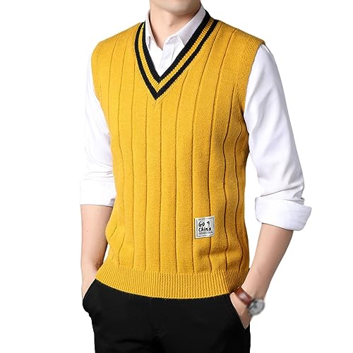 Sweater Vest Herren, Herren-Strickweste, Slim-Fit, V-Ausschnitt, Warme Strickweste, Pullover, Lässig, Ärmellos, Strickpullover, Tops, Weste, Tank-Top Für Herbst Und Winter, Gelb, Xs von SAWEEZ