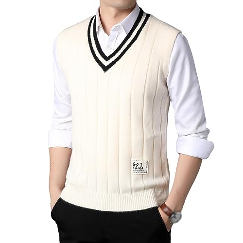 Sweater Vest Herren, Herren-Strickweste, Slim-Fit, V-Ausschnitt, Warme Strickweste, Pullover, Lässig, Ärmellos, Strickpullover, Tops, Weste, Tanktop Für Herbst Und Winter, Weiß, Xs von SAWEEZ