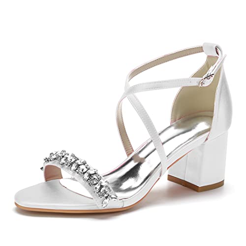 Damen Brautschuhe Riemchen Sandalen Blockabsatz Satin D'orsay Hochzeit Brautjungfernschuhe 6CM,Weiß,40 EU von SAXTZDS