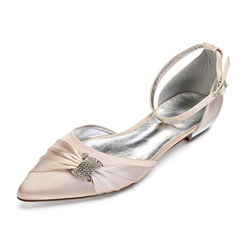 Frauen Hochzeit Ballerinas Satin Knöchelriemen Flache Spitze Zehe Brautschuhe,Champagne,38 EU von SAXTZDS