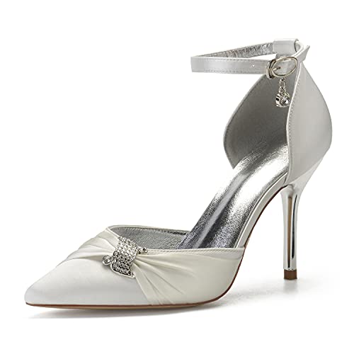 SAXTZDS Brautschuhe Damen Geschlossene Zehen Pfennigabsatz Satin Hochzeitsschuhe Mit Strass Schnalle,Elfenbein,36 EU von SAXTZDS