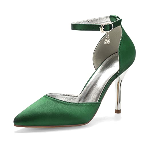 SAXTZDS Brautschuhe Damen Spitze Zehen Knöchelriemen Stöckel Absatz Abend Partei Hochzeitsschuhe,Dark Green,40 EU von SAXTZDS