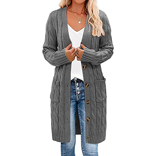 Earnmore Damen Strickjacke mit Langen Ärmeln, Zopfmuster, Lange Strickjacke, vorne offen, Knopfleiste von Earnmore