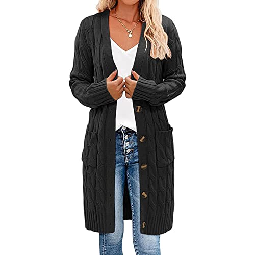 Earnmore Damen Strickjacke mit Langen Ärmeln, Zopfmuster, Lange Strickjacke, vorne offen, Knopfleiste von Earnmore