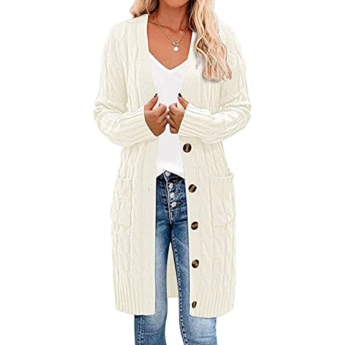 Earnmore Damen Strickjacke mit langen Ärmeln, Zopfmuster, lange Strickjacke, vorne offen, Knopfleiste von Earnmore