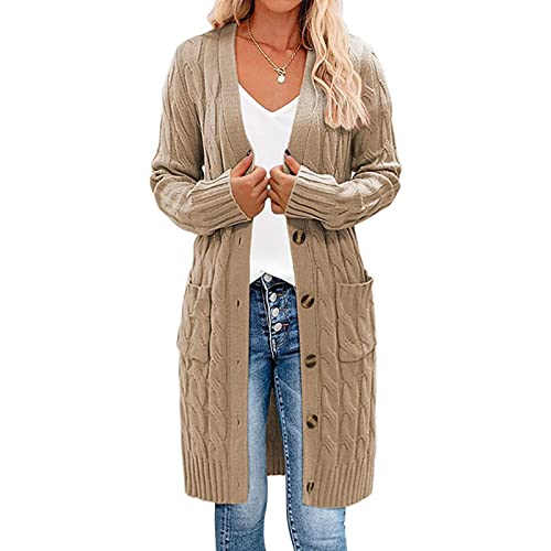 Earnmore Damen Strickjacke mit langen Ärmeln, Zopfmuster, lange Strickjacke, vorne offen, Knopfleiste von Earnmore