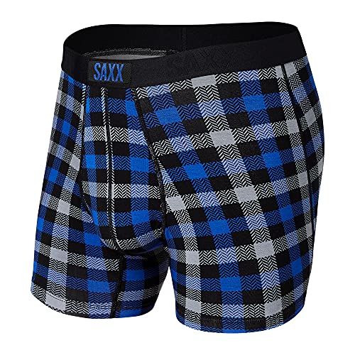 SAXX Herren Unterwäsche - Vibe Boxer Briefs mit integriertem Ballpark Pouch Support Core, Blaues Flanellkaro, Small von SAXX Underwear Co.