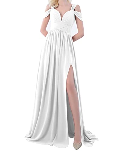 Abendkleider Partykleider mit hohem Schulterausschnitt Bodenlang V-Ausschnitt Plissee 2023 Hochzeitsgästekleider, weiß, 38 von SAYNO