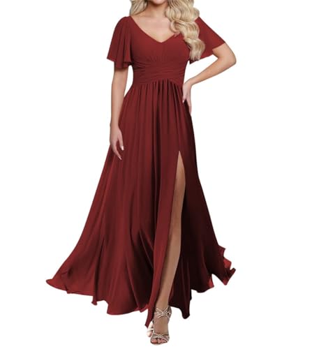 Bescheidene Brautjungfernkleider mit Ärmeln Hoher Schlitz Eine Linie V-Ausschnitt Seitentaschen Plissee Chiffon Formale Abendkleid, burgunderfarben, 42 von SAYNO