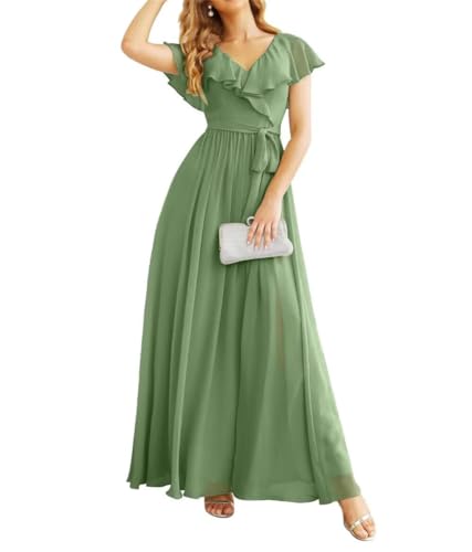 Brautjungfernkleid aus Chiffon mit Fledermausärmeln, lang, mit Taschen, V-Ausschnitt, plissiert, formelles Brautmutterkleid, graugrün, 38 von SAYNO