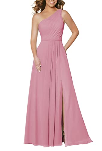 Brautjungfernkleider mit einer Schulter, plissiert, mit Taschen, A-Linie, Chiffon, formelle Abend-Partykleider, Rosa Polvoriento, 44 von SAYNO