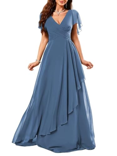 Chiffon-Brautjungfernkleider für Damen, gerüscht, formell, Abendkleid, Ballkleid, Cocktailkleid, Übergröße, blau, 42 von SAYNO