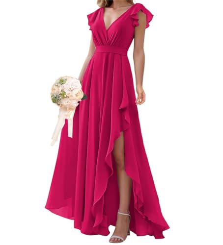 Damen Brautjungfernkleider mit V-Ausschnitt, langer Schlitz, Chiffon, Rüschenärmel, formelle Abendkleider, fuchsia, 54 Plus von SAYNO