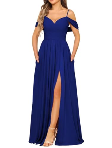 Damen Chiffon Brautjungfernkleid für Hochzeit mit Schlitz Abend Abschlussball Kleider Cocktailkleider Übergröße, königsblau, 46 von SAYNO