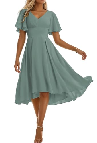 Damen Chiffon Brautjungfernkleider für Frauen Falten Jubiläumskleider Cocktailkleider Übergröße, Eukalyptus, 46 von SAYNO
