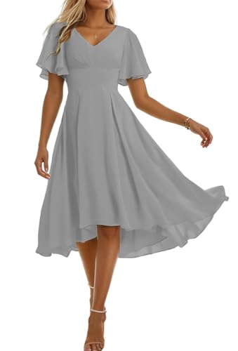 Damen Chiffon Brautjungfernkleider für Frauen Falten Jubiläumskleider Cocktailkleider Übergröße, silber, 36 von SAYNO