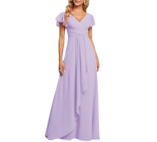 Damen Chiffon Brautjungfernkleider für Hochzeit Falten formelle Abendkleider Abschlussball Kleider Cocktailkleider Übergröße, Flieder, 34 von SAYNO