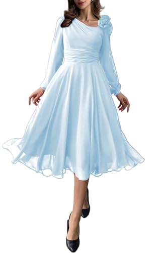 Damen Chiffon Brautjungfernkleider für Hochzeit Falten formelle Abendkleider Cocktailkleider Übergröße, hellblau, 48 Plus von SAYNO