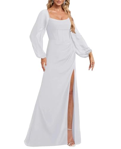 Damen Chiffon Brautjungfernkleider für Hochzeit mit Schlitz formelle Abendkleider Partykleider Cocktailkleider Übergröße, weiß, 36 von SAYNO
