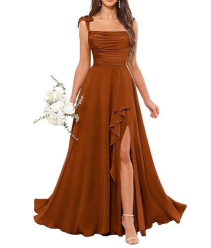 Damen Chiffon Brautjungfernkleider mit Schlitz Lange Ballkleider Geraffte Cocktailkleider Übergröße, burnt orange, 38 von SAYNO