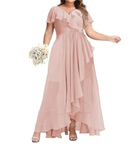 Damen Chiffon V-Ausschnitt Brautjungfernkleider Kurze Ärmel Übergröße Formelle Abendkleider Lang Brautjungfernkleid, blush, 56 Plus von SAYNO