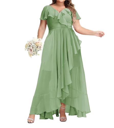 Damen Chiffon V-Ausschnitt Brautjungfernkleider Kurze Ärmel Übergröße Formelle Abendkleider Lang Brautjungfernkleid, grasgrün, 50 Plus von SAYNO