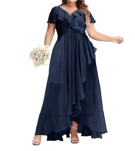 Damen Chiffon V-Ausschnitt Brautjungfernkleider Kurze Ärmel Übergröße Formelle Abendkleider Lang Brautjungfernkleid, navy, 52 Plus von SAYNO