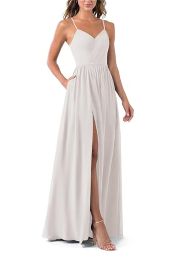 Damen Elegant Spaghettiträger Brautjungfernkleider für Hochzeit mit Taschen Lang Chiffon Formelles Kleid mit Schlitz, elfenbeinfarben, 36 von SAYNO