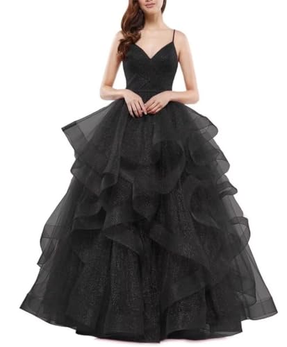 Damen Glitzer Tüll Ballkleider V Ausschnitt Spaghettiträger Brautjungfernkleid Lange gestufte formelle Abendballkleider, Schwarz , 34 von SAYNO