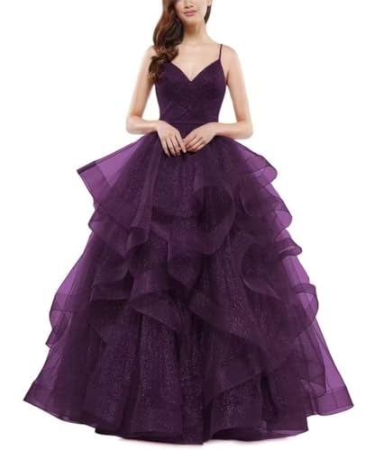 Damen Glitzer Tüll Ballkleider V Ausschnitt Spaghettiträger Brautjungfernkleid Lange gestufte formelle Abendballkleider, grape, 36 von SAYNO