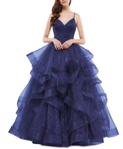 Damen Glitzer Tüll Ballkleider V Ausschnitt Spaghettiträger Brautjungfernkleid Lange gestufte formelle Abendballkleider, marineblau, 38 von SAYNO