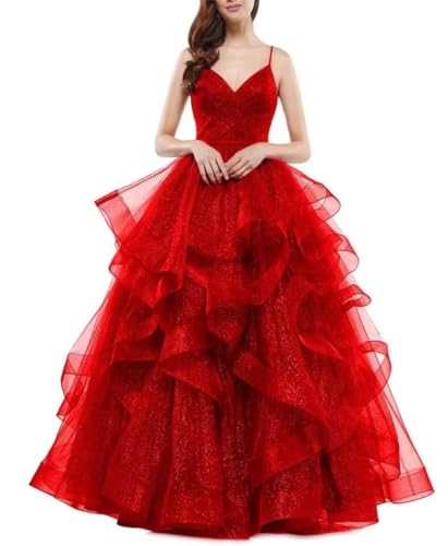 Damen Glitzer Tüll Ballkleider V Ausschnitt Spaghettiträger Brautjungfernkleid Lange gestufte formelle Abendballkleider, rot, 38 von SAYNO