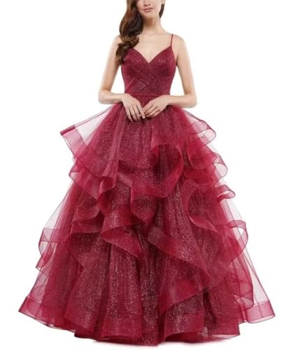 Damen Glitzer Tüll Ballkleider V Ausschnitt Spaghettiträger Brautjungfernkleid Lange gestufte formelle Abendballkleider, weinrot, 32 von SAYNO