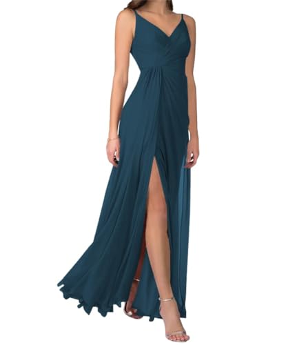 Damen Lang Chiffon V-Ausschnitt Brautjungfernkleider mit seitlichem Schlitz Formelles Abendkleid für Hochzeit Party, petrol, 38 von SAYNO