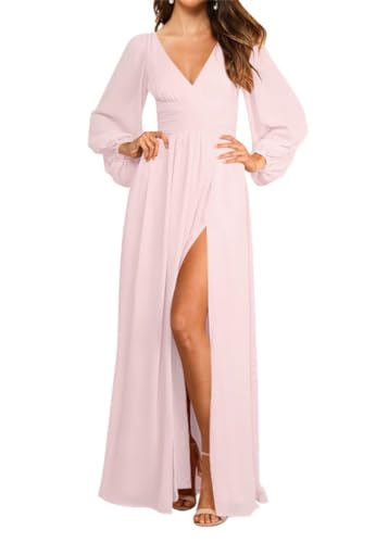 Damen Langarm Brautjungfernkleider mit Taschen A-Linie Plissee V-Ausschnitt Formal Partykleid mit Schlitz, rose, 44 von SAYNO
