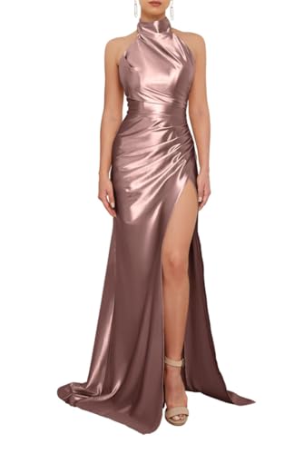 Damen Neckholder Meerjungfrau Brautjungfer Kleider Satin Ballkleid Lang Plissee Formal Abendkleid mit Schlitz, blush, 36 von SAYNO