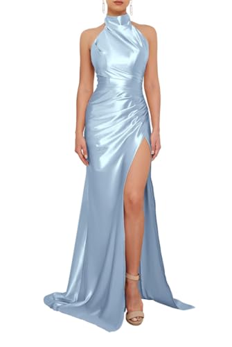 Damen Neckholder Meerjungfrau Brautjungfer Kleider Satin Ballkleid Lang Plissee Formal Abendkleid mit Schlitz, himmelblau, 58 Plus von SAYNO