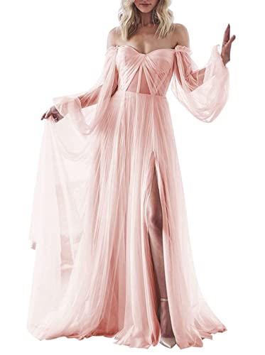 Damen Puffy Langarm Ballkleid Tüll Hochzeitskleid für Braut formelle Ballkleider mit Schlitz, blush, 40 von SAYNO