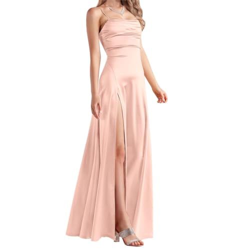 Damen Satin Brautjungfernkleider Lang mit Schlitz Formelles Abendkleid, Blush Pink, 32 von SAYNO