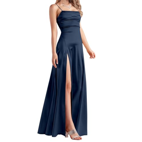 Damen Satin Brautjungfernkleider Lang mit Schlitz Formelles Abendkleid, marineblau, 38 von SAYNO