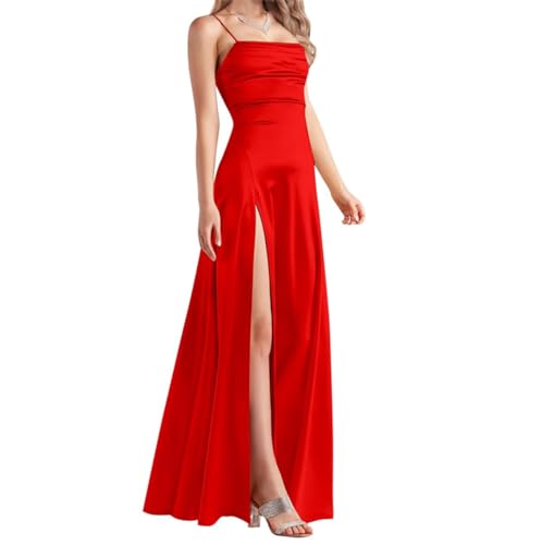 Damen Satin Brautjungfernkleider Lang mit Schlitz Formelles Abendkleid, rot, 34 von SAYNO