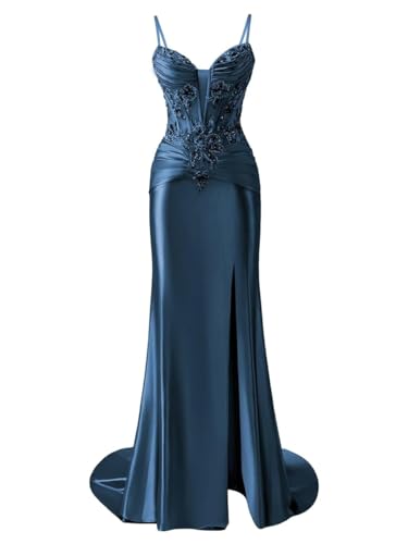 Damen Satin Brautjungfernkleider für Hochzeit mit Schlamm Meerjungfrau formelle Abendkleider Übergröße, pfau, 38 von SAYNO