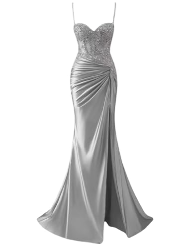 Damen Satin Brautjungfernkleider für Hochzeit mit Schlamm Meerjungfrau formelle Abendkleider rückenfrei Übergröße, silber, 42 von SAYNO