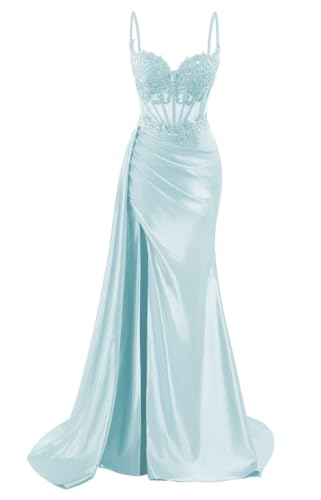Damen Satin Brautjungfernkleider für Hochzeit mit Schlitz Meerjungfrau Ballkleider Cocktailkleider Übergröße, hellblau, 38 von SAYNO