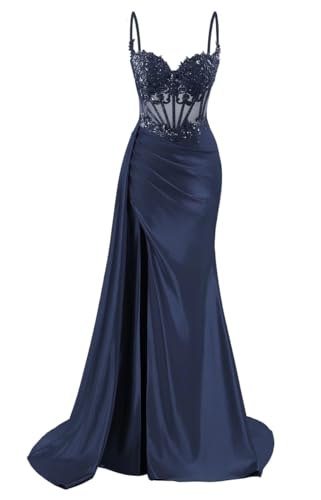 Damen Satin Brautjungfernkleider für Hochzeit mit Schlitz Meerjungfrau Ballkleider Cocktailkleider Übergröße, marineblau, 40 von SAYNO